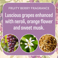 Load image into Gallery viewer, A graphic for Fresh Scents’ Tuscan Grape Sachet 3pk, featuring text on a fruity berry scent with grape, orange flower, and dried musk images on a floral background—ideal for sachets or any flameless air freshener needing lasting fragrance.