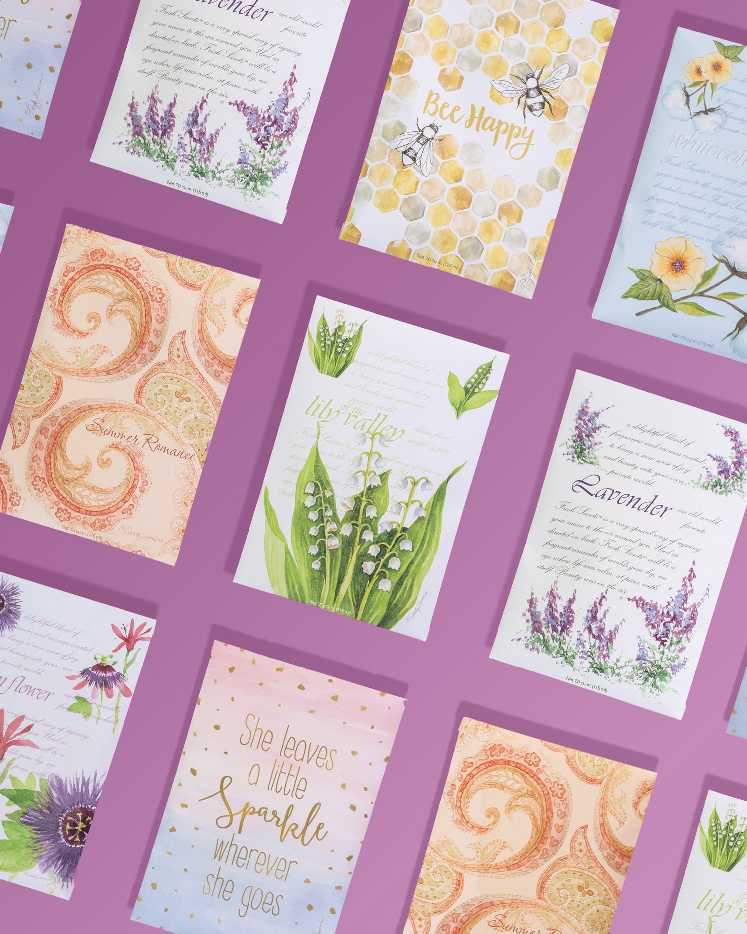 Fresh Scents Scented Sachet Linear Flat Lay with purple background