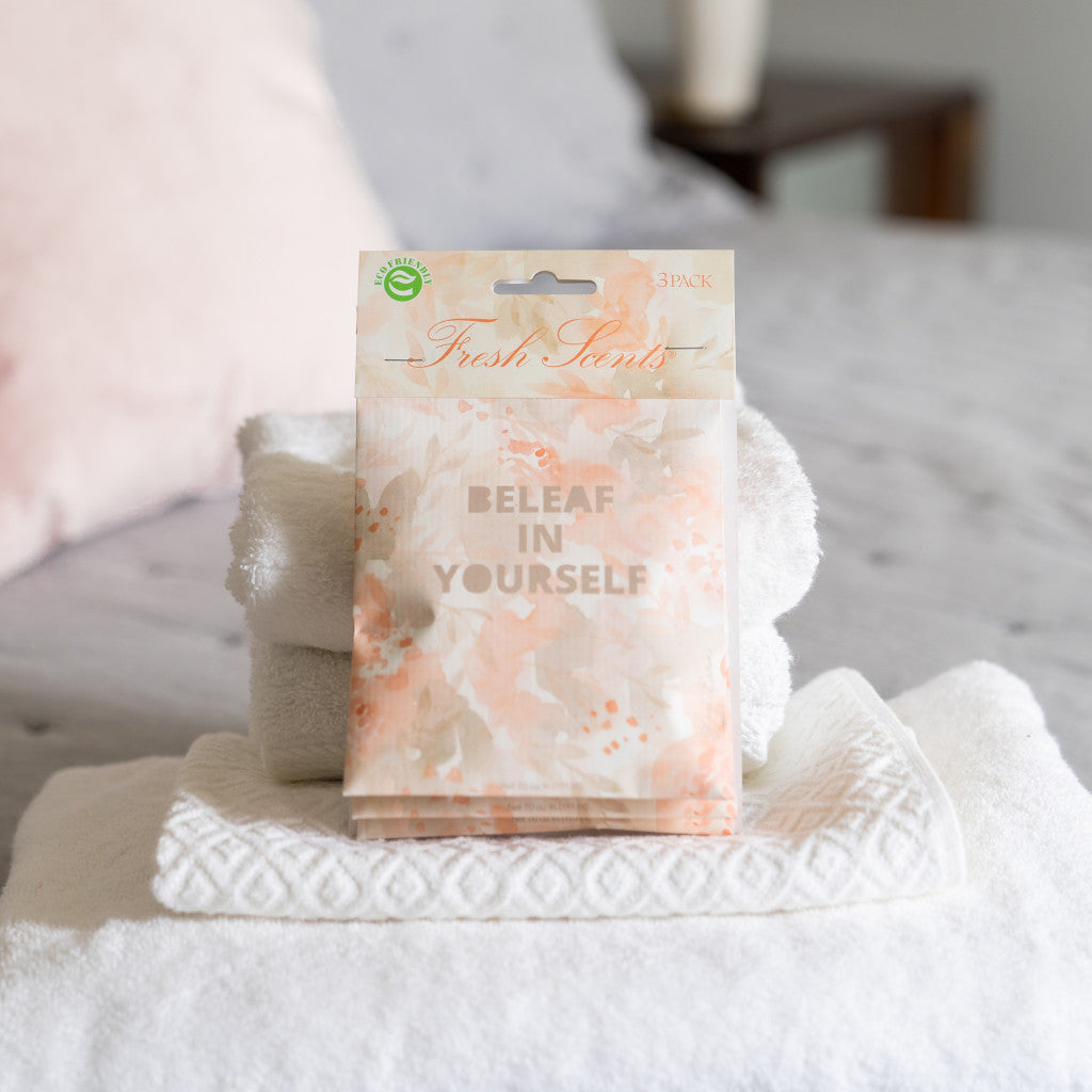 Beleaf in Yourself scented sachet with white towels