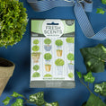 Load image into Gallery viewer, A package of Fresh Scents Round Topiary - Sachet 3pk rests on a blue surface, surrounded by potted plants, ivy leaves, and a blue-and-white striped ribbon. The packaging displays illustrations of topiary plants.