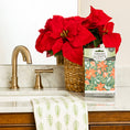 Load image into Gallery viewer, A basket of red poinsettias sits by a gold faucet on a marble sink. In front, the Fresh Scents Peace on Earth - Sachet 3pk with its floral design provides long-lasting fragrance to the space. A white towel featuring a green leaf pattern hangs nearby.