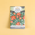 Load image into Gallery viewer, A 3-pack of sachets from Fresh Scents, labeled “Peace on Earth,” features a holiday floral and mushroom design on a yellow background. These sachets offer a spiced fruit fragrance, providing a long-lasting, flameless way to freshen your space.