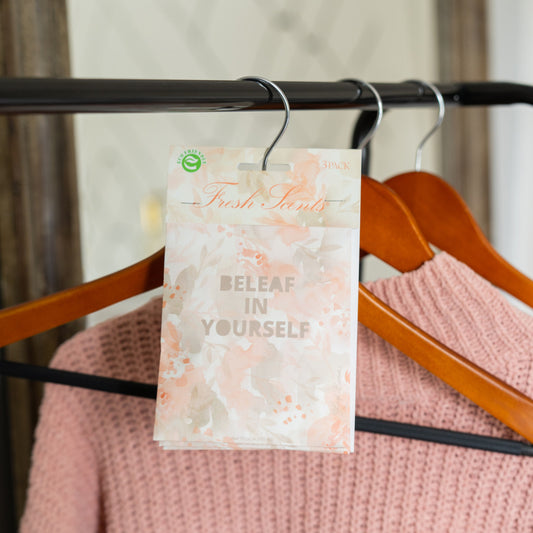 Beleaf in Yourself Scented Sachet Hanging on Hanger in the Closet