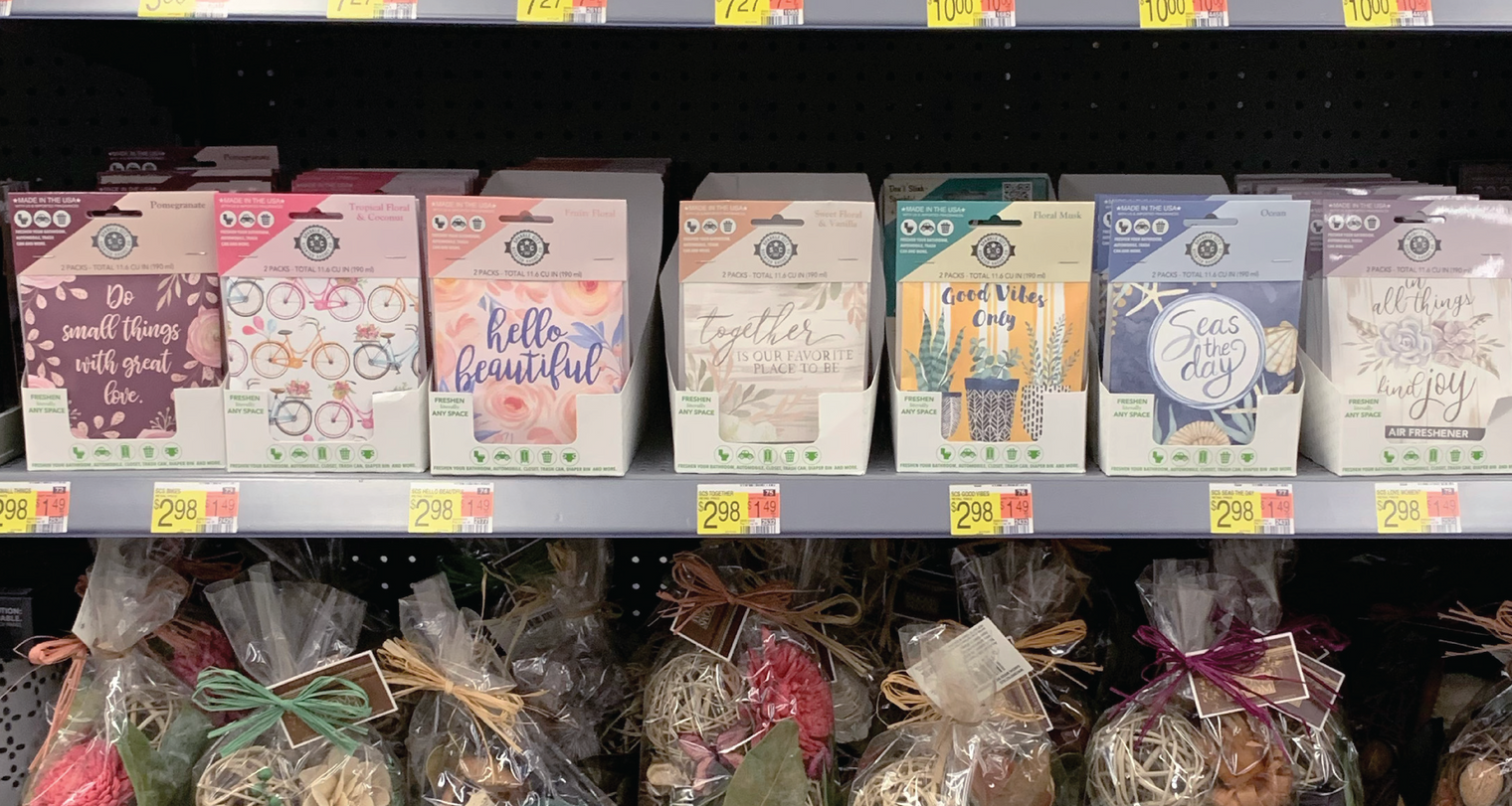 Scented sachet display on Walmart Shelf