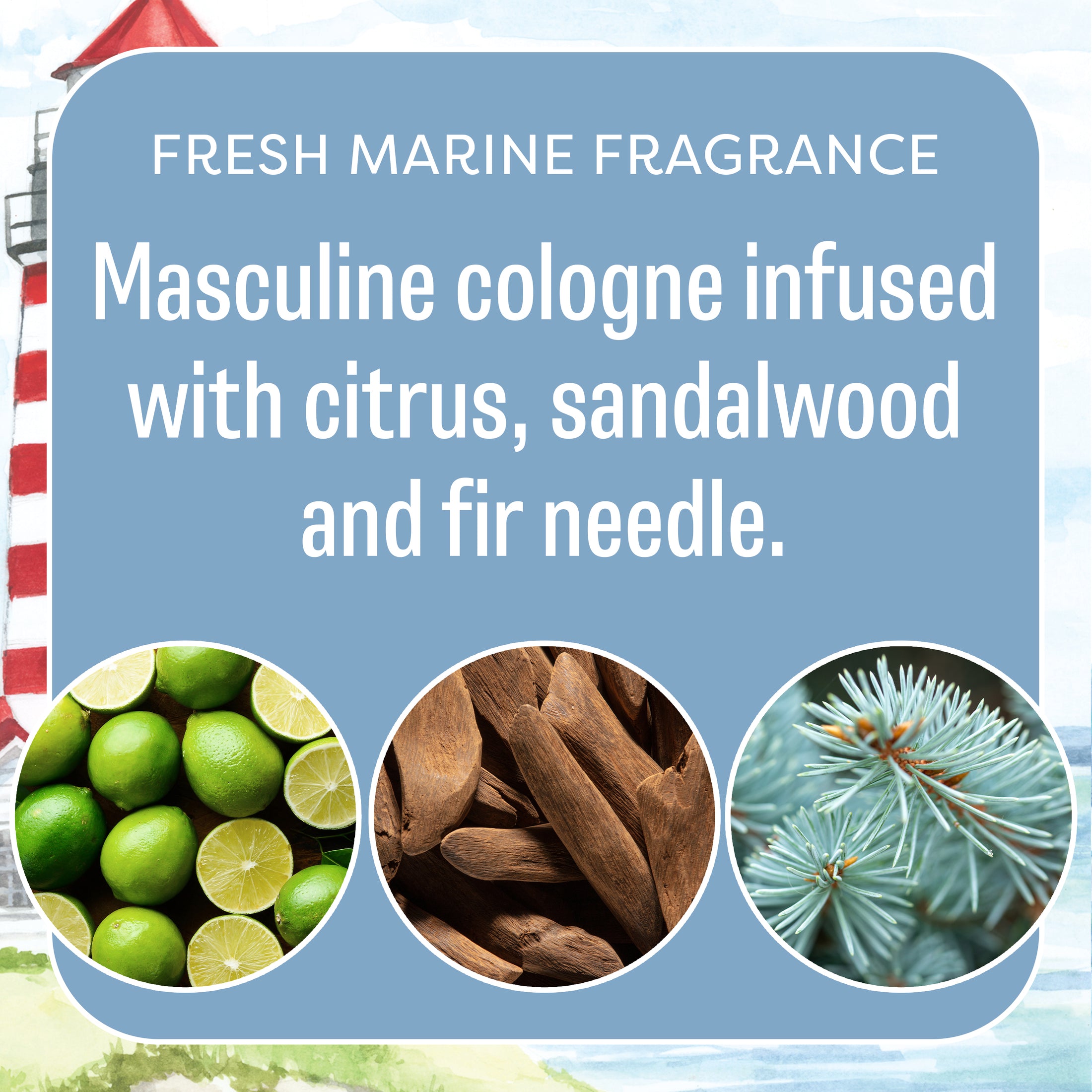 Promotional graphic for Fresh Scents Tradewinds Sachet 3pk, a fresh marine scent featuring a lighthouse and three circles with lime, sandalwood, and fir needle images. Text: Masculine fragrance with citrus, sandalwood & fir needle.
