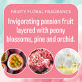 Load image into Gallery viewer, A graphic features the Fresh Scents She Believed - Sachet 3pk and describes its fruity floral fragrance of passion fruit, peony, pine, and orchid, with images of passion fruit, pink peonies, and white orchids below the text.
