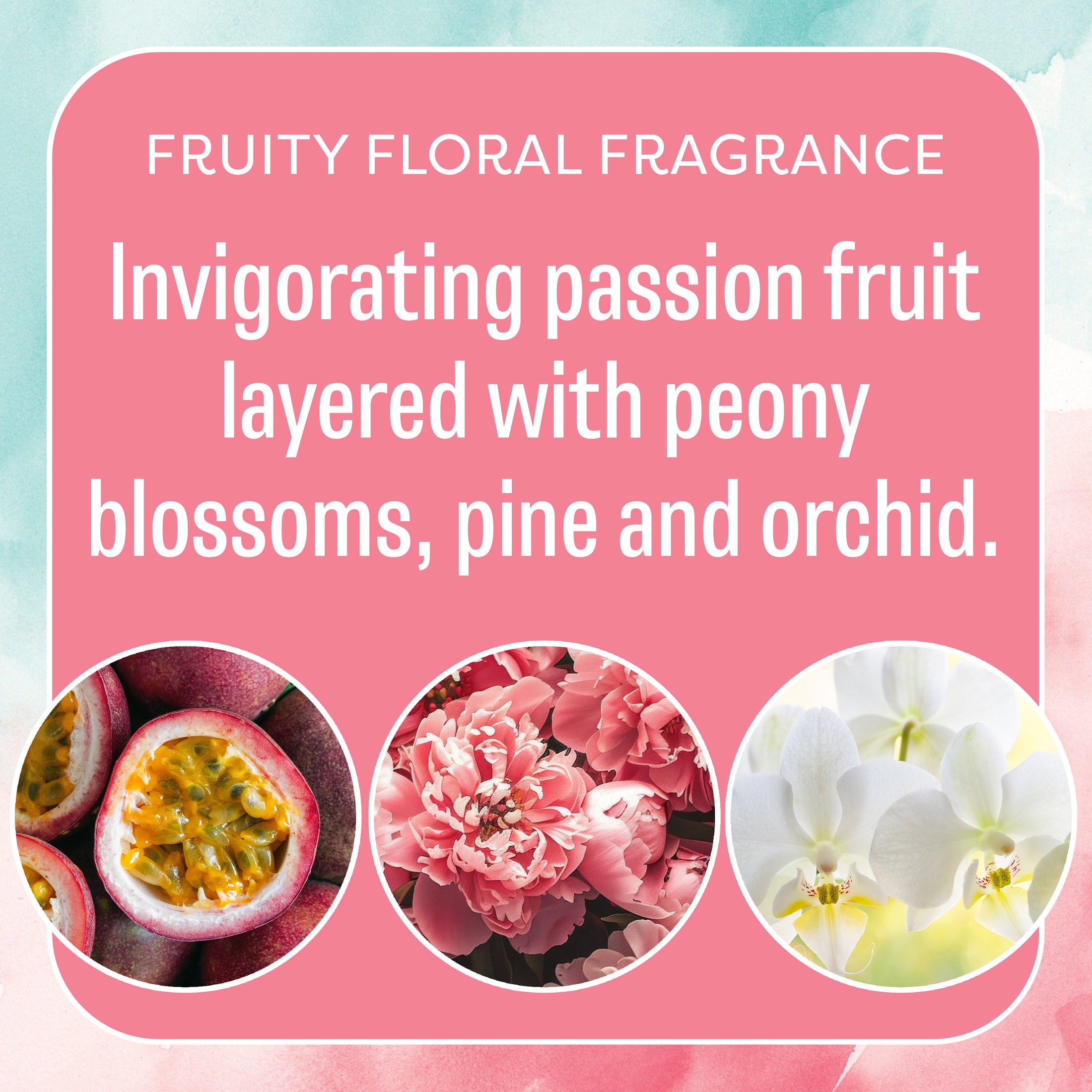 A graphic features the Fresh Scents She Believed - Sachet 3pk and describes its fruity floral fragrance of passion fruit, peony, pine, and orchid, with images of passion fruit, pink peonies, and white orchids below the text.