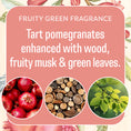 Load image into Gallery viewer, Fresh Scents Pomegranate - Sachet 3pk features a fruity green fragrance of tart pomegranates, wood, musk, and green leaves. Ideal for flameless scenting, with images of pomegranates, wood, and leaves.
