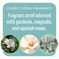 Load image into Gallery viewer, A graphic with the text "Classic Floral Fragrance." Fresh Scents Spring Door Sachet 3pk blends gardenia, magnolia, and Spanish moss in a flameless scent, above images of white gardenia, magnolia blossom, and draping moss.
