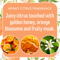 Load image into Gallery viewer, An orange floral background with "Orange & Honey - Sachet 3pk" by Fresh Scents. Experience juicy citrus, golden honey, orange blossoms, and fruity musk. Images show sliced oranges, honey, and an orange blossom flower.
