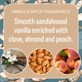 Load image into Gallery viewer, A graphic for Fresh Scents' Live in the Moment - Sachet 3pk with text on sandalwood vanilla, clove, almond, and peach plus images of vanilla flowers, almonds, and peaches—ideal for long-lasting freshness in any space.
