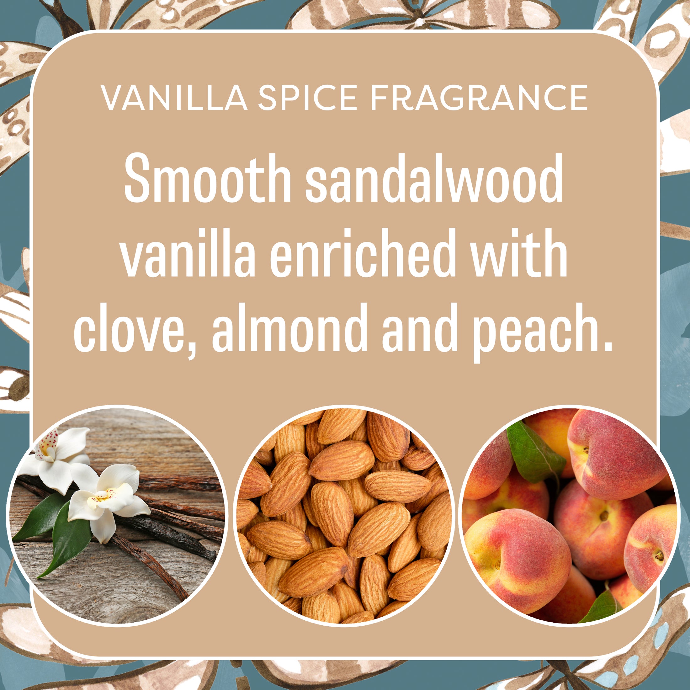 A graphic for Fresh Scents' Live in the Moment - Sachet 3pk with text on sandalwood vanilla, clove, almond, and peach plus images of vanilla flowers, almonds, and peaches—ideal for long-lasting freshness in any space.