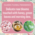 Load image into Gallery viewer, A pink floral-themed graphic for Fresh Scents Roses - Sachet 3pk. Features delicate rose blooms, honey, and green leaves for a classic fragrance. Enjoy flameless, long-lasting freshness. Images of pink roses, honey, and green leaves are shown below.
