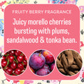 Load image into Gallery viewer, A floral-themed graphic highlights Fresh Scents’ Happy Chicken Sachet 3pk, a flameless air freshener with a fruity berry fragrance featuring juicy morello cherries, plums, sandalwood, and tonka bean—shown with photos of these lush ingredients.
