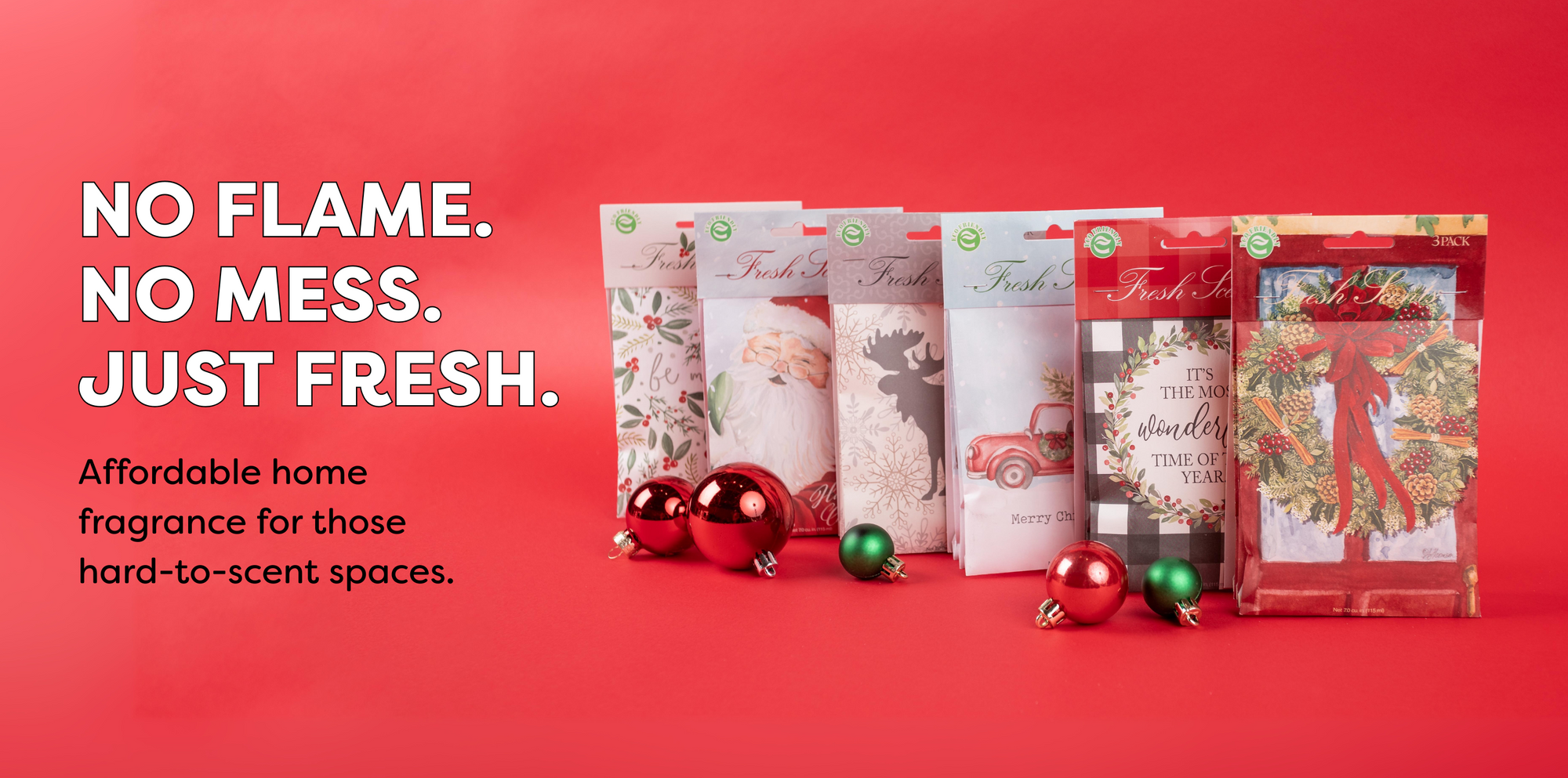 Holiday scented sachets on a red background, featuring text about product features.