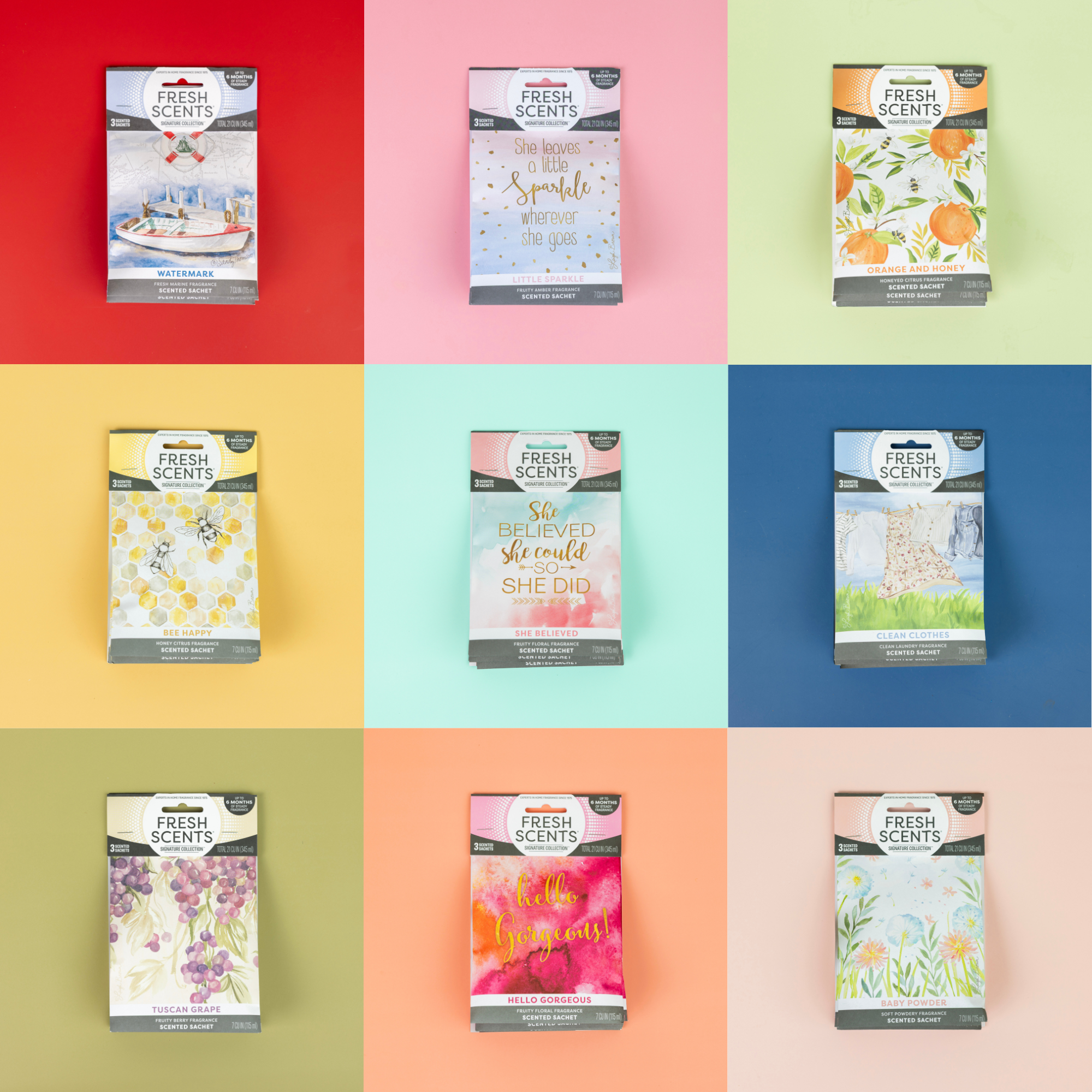 Collection of 'Fresh Scents' sachets on a colorful grid background