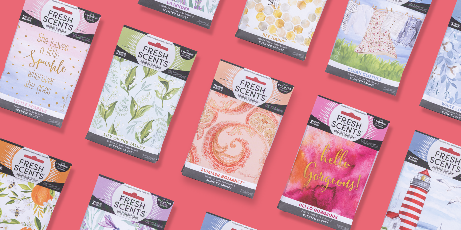 Collection of 'Fresh Scents' sachets on a pink background
