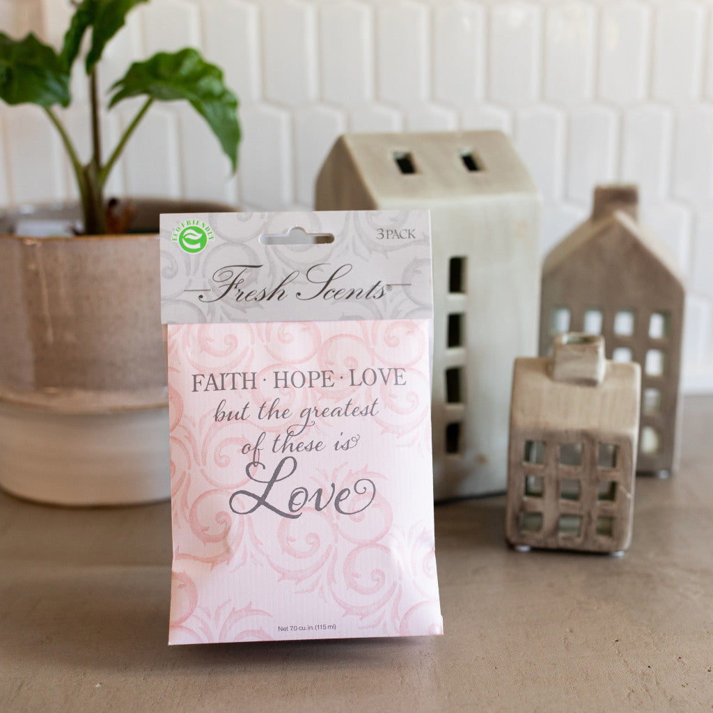 Faith Hope Love scented sachet with ceramic decor