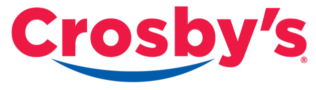 Logo for Crosbys featuring the word Crosbys in bold red letters with a blue curved line beneath, resembling a smile.