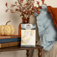 Load image into Gallery viewer, A Fresh Scents Fall & Family Sachet 3pk sits on the bedside table, surrounded by a vase of autumn leaves, a decorative pumpkin, and stacked books. A blue pillow and an orange throw blanket are nearby on the bed.
