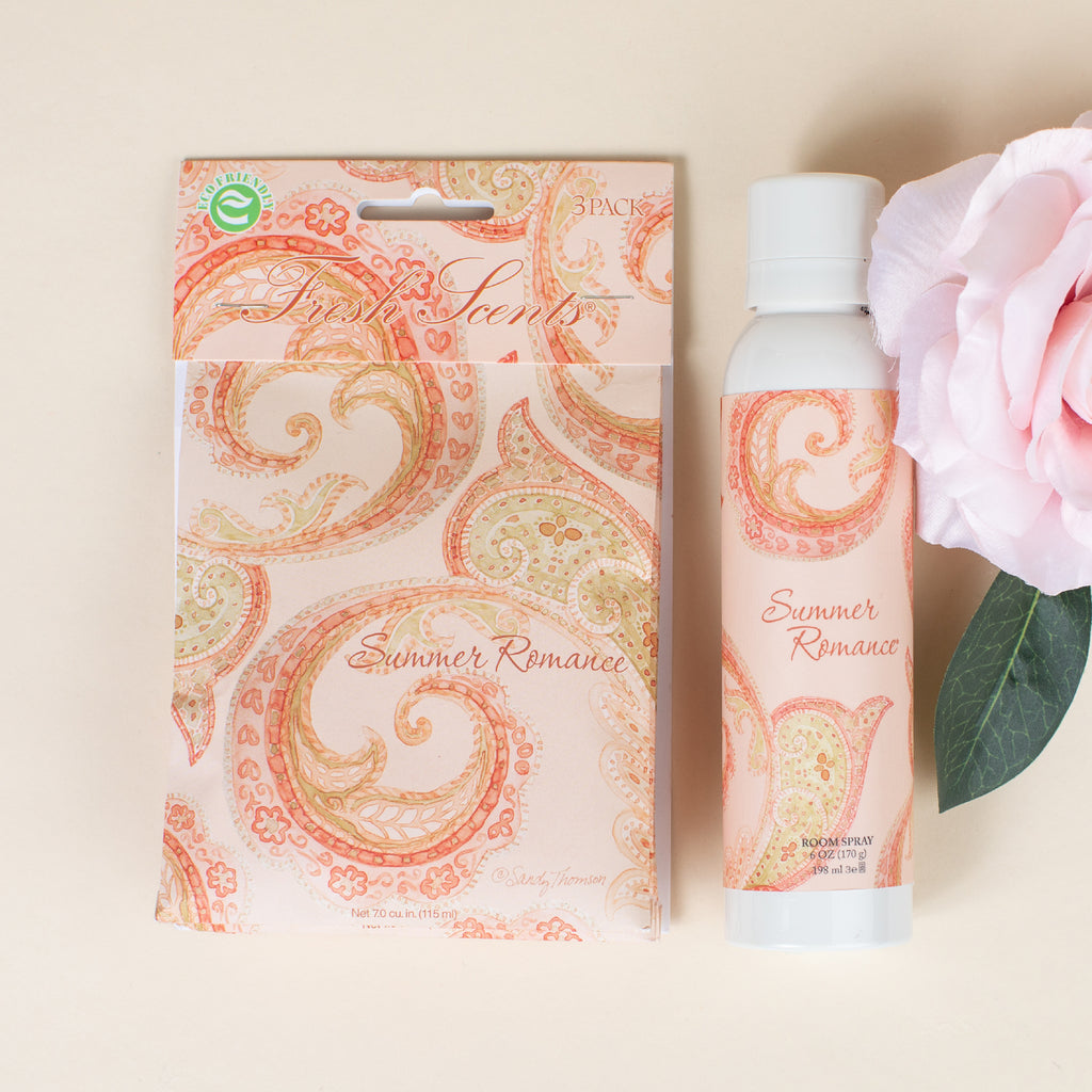Summer Romance Fragrance Sachet and Room Spray Bundle Flat Lay with Pink Rose