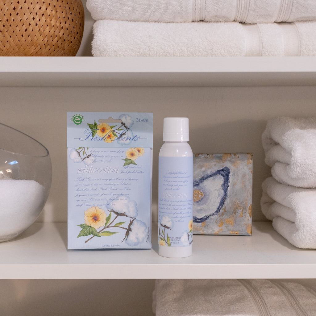 White Cotton Fragrance Sachet and Room Spray Bundle on Shelf