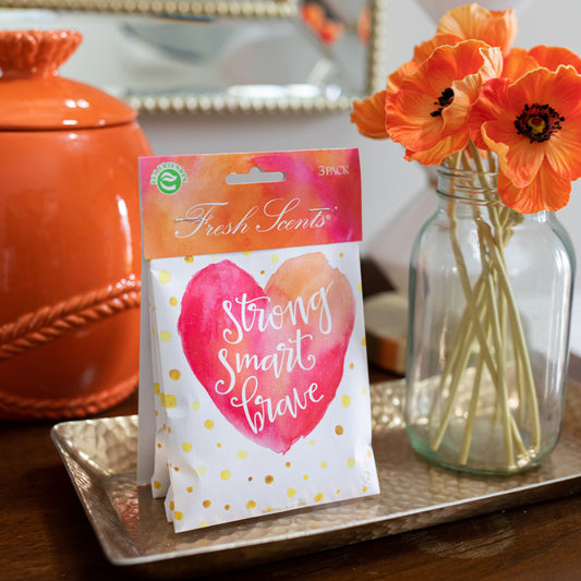 Strong Smart Brave Fresh Scents Fragranced Sachet on Tray with Vase of Poppies
