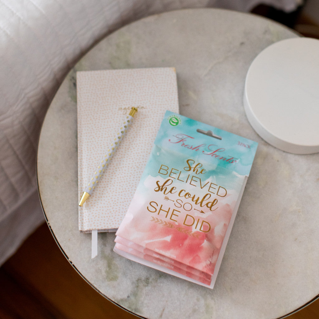 She Believed Fresh Scents Fragranced Sachet on Side Table with Notebook