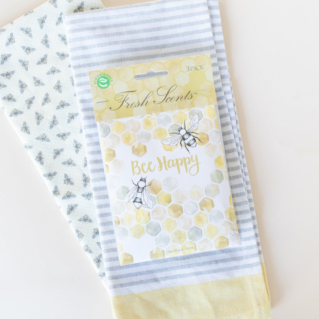Bee Happy Scented Sachet Flat Lay on Printed Hand Towels