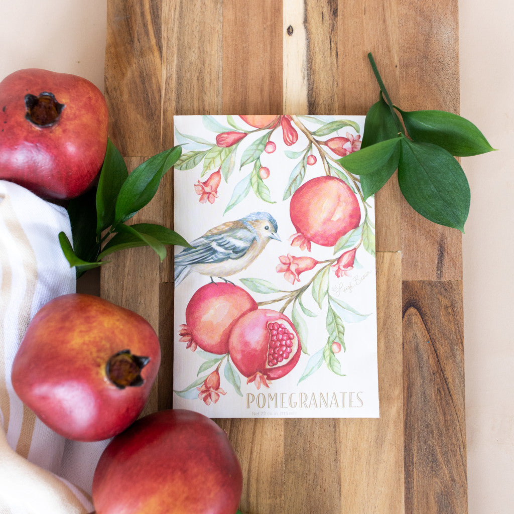 Pomegranate Fresh Scents Fragranced Sachet on Wood Serving Board with Pomegranate Fruits