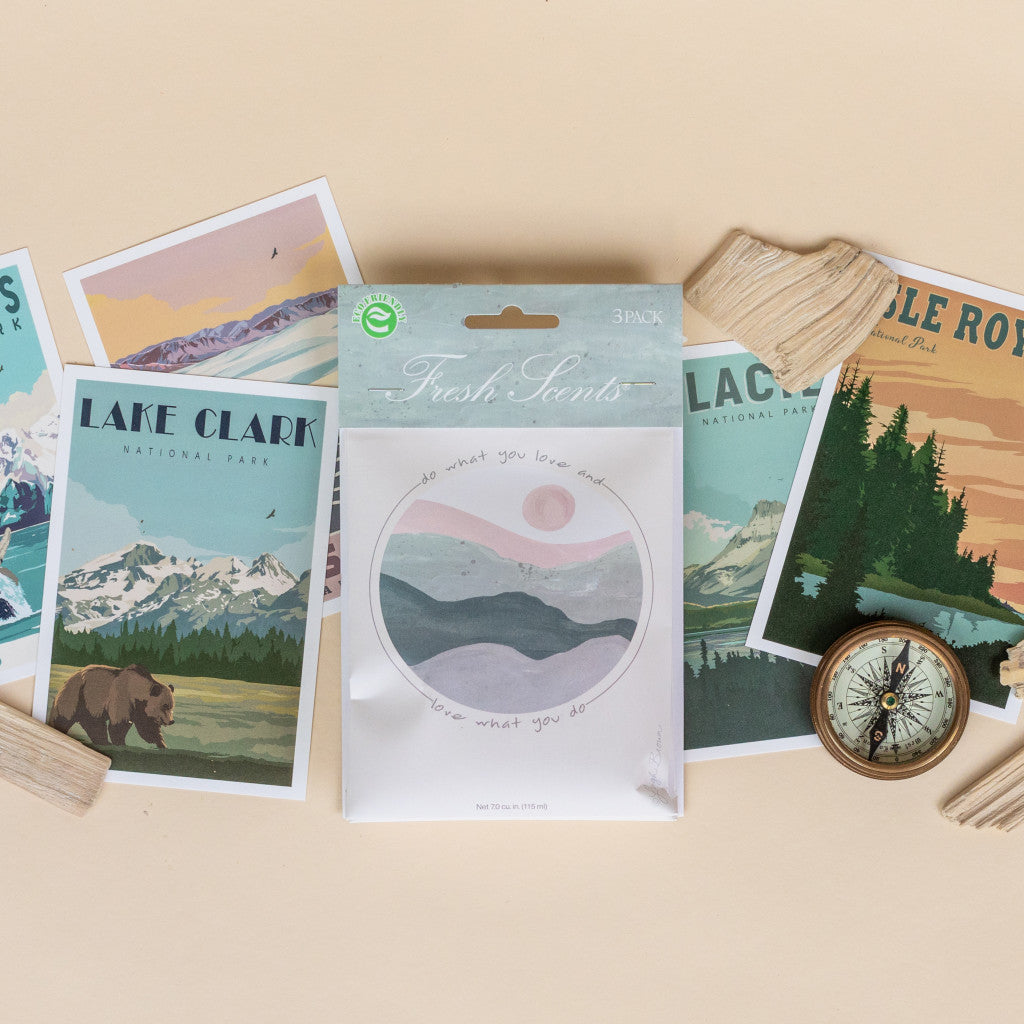Do What You Love Fragrance Sachet Flat Lay with National Park Posters and Compass