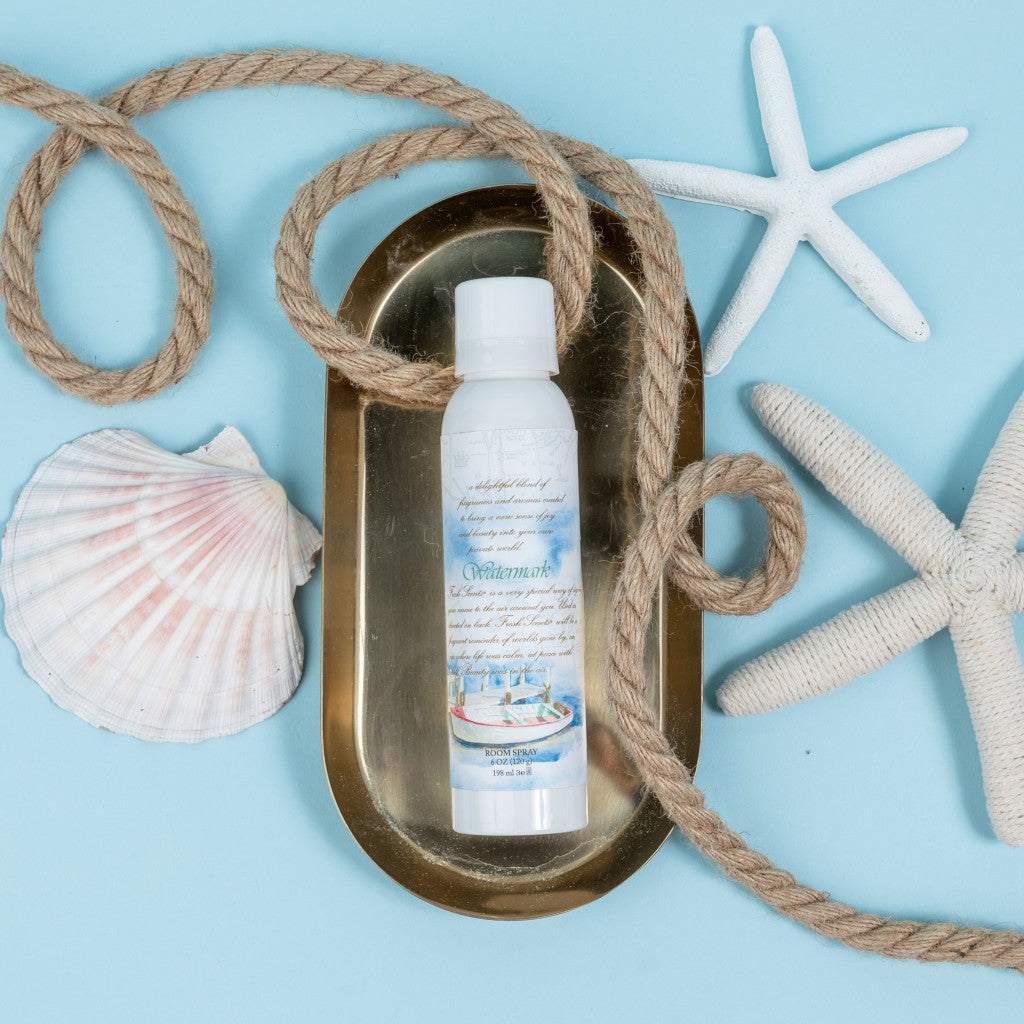 Watermark Fragrance Room Spray in Dish with Blue Background Nautical Rope and Sea Shells