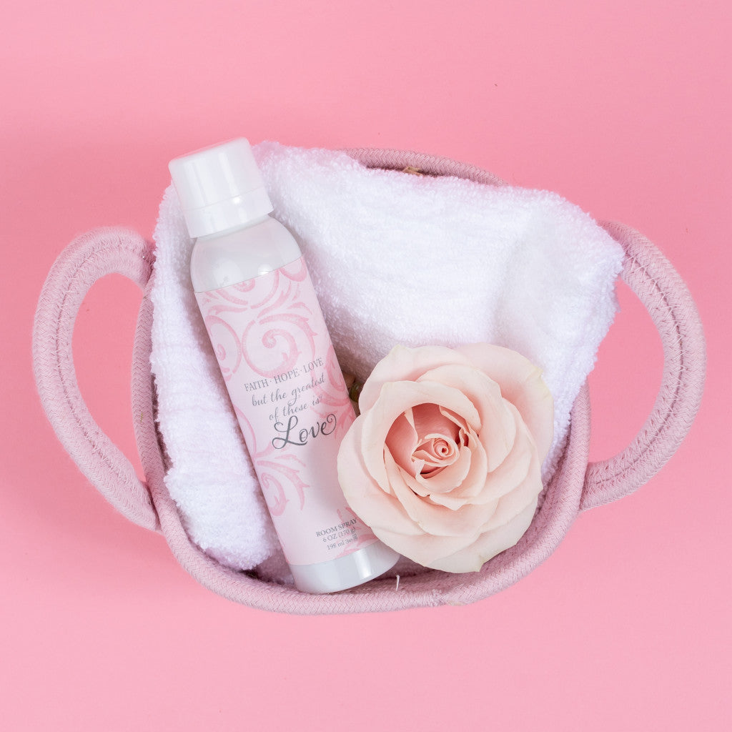 Faith Hope Love Fragrance Room Spray in Basket with Towel and Pink Rose