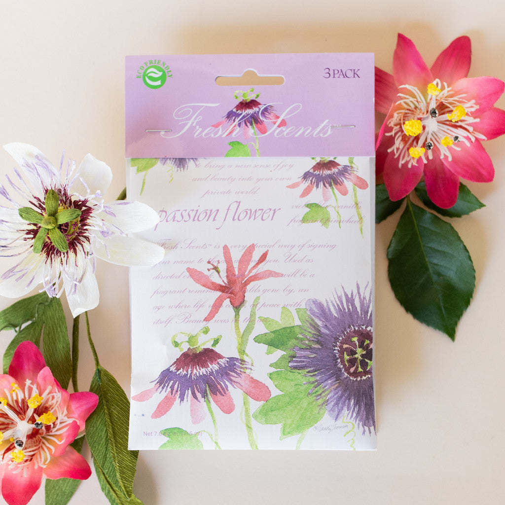 Passion Flower Fresh Scents Fragranced Sachet Flat Lay with Pink Plumeria Flowers