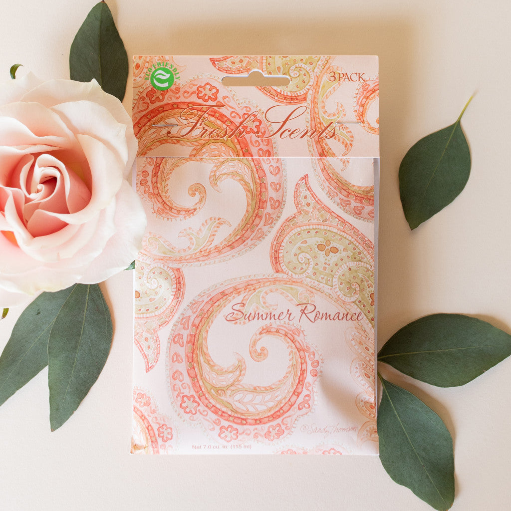 Summer Romance Fresh Scents Fragranced Sachet Flat Lay with Pink Rose