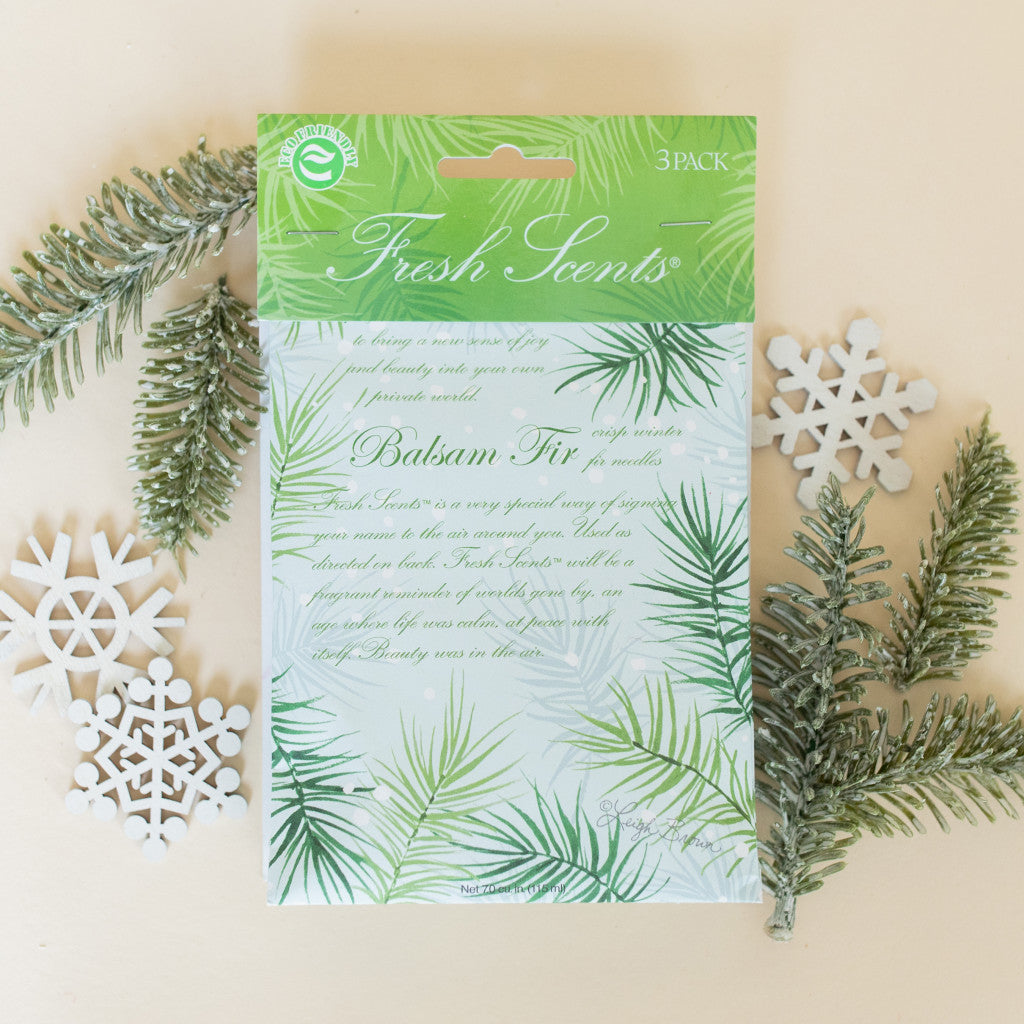 Balsam Fir Fresh Scents Scented Sachets flat lay with pine branches and snowflakes