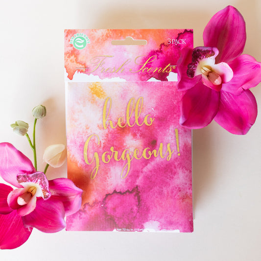 Hello Gorgeous Scented Sachet with Pink Plumeria Blooms Flat lay