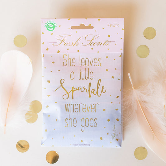 Little Sparkle Fresh Scents Fragrance Sachet Flat Lay with Feathers and Glitter