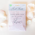 Load image into Gallery viewer, Faith Hope Love Scented Sachet Flat Lay with Rose Petals

