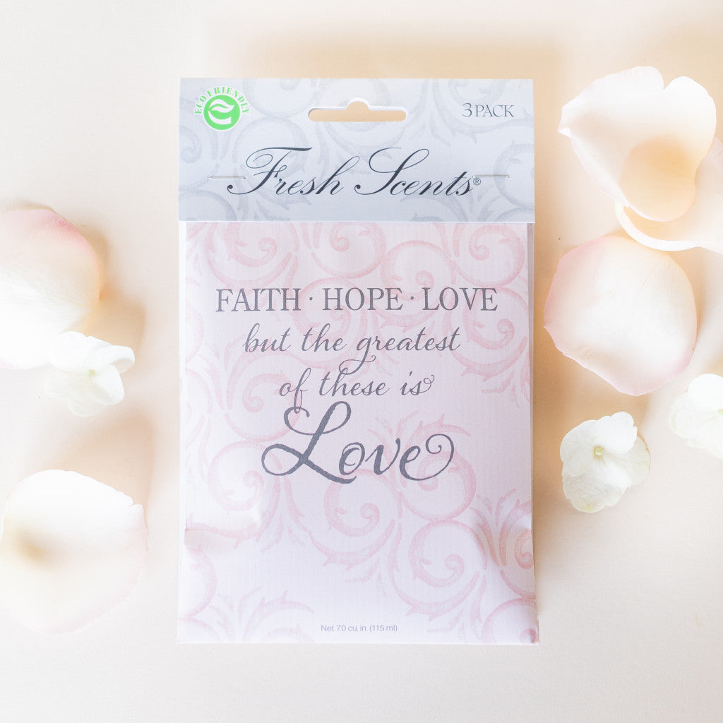 Faith Hope Love Scented Sachet Flat Lay with Rose Petals