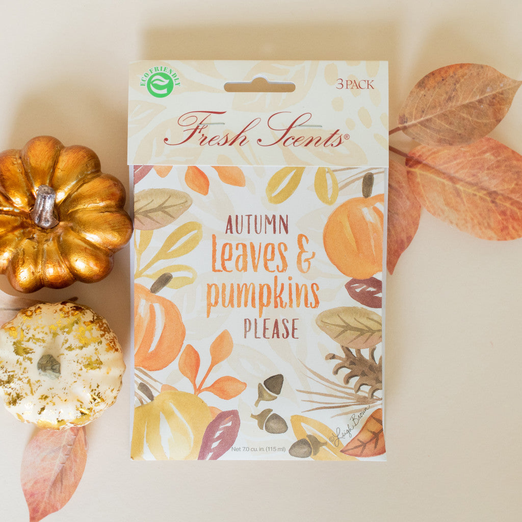 Autumn Leaves Fresh Scents scented sachet white space image with pumpkin and fall leaves.