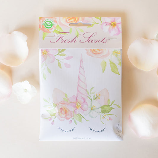 Unicorn Fresh Scents Fragranced Sachet Flat Lay with White Rose Petals