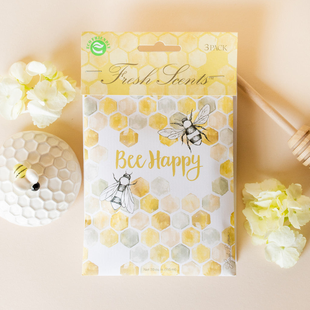 Bee Happy Scented Sachet Flat Lay with Honey Comb and Flowers