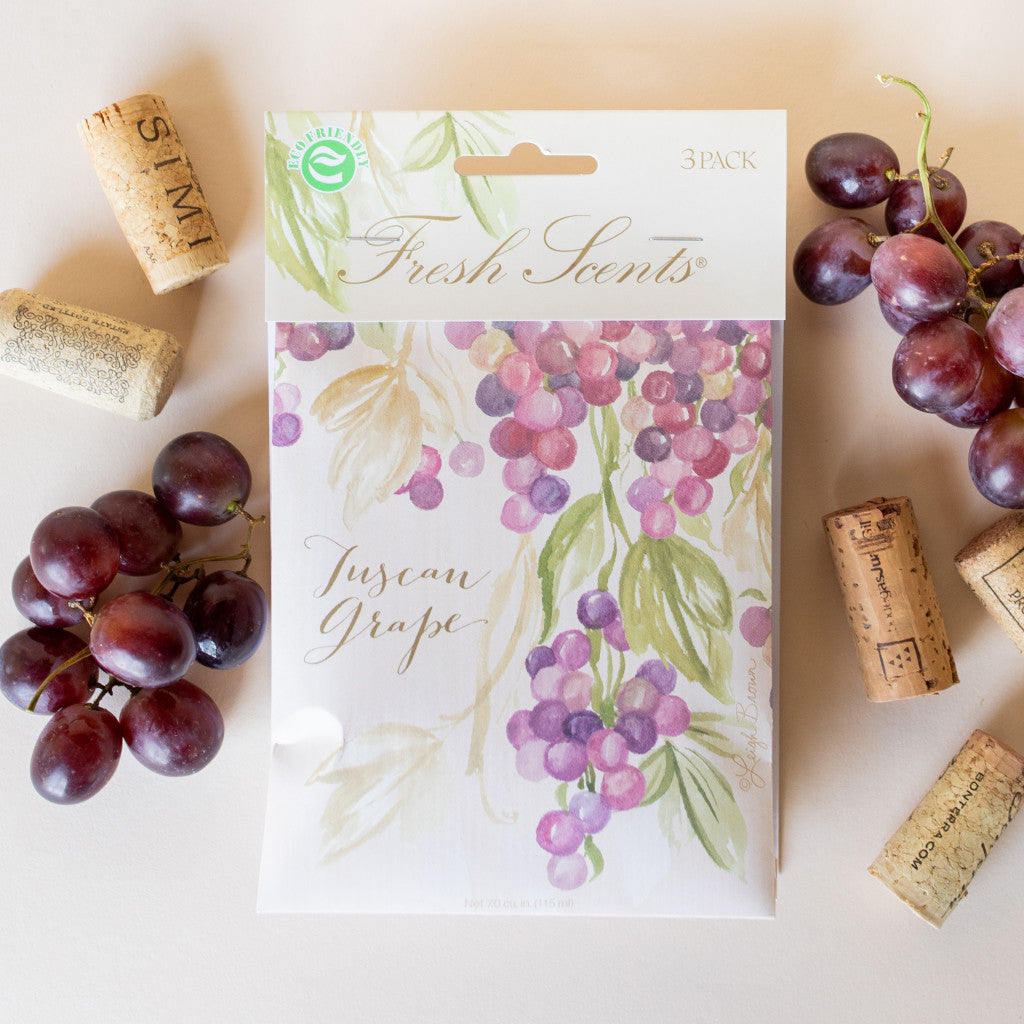 Tuscan Grape Fresh Scents Fragranced Sachet Flat Lay with Grapes and Wine Corks