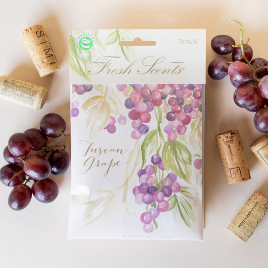 Tuscan Grape Fresh Scents Fragranced Sachet Flat Lay with Grapes and Wine Corks