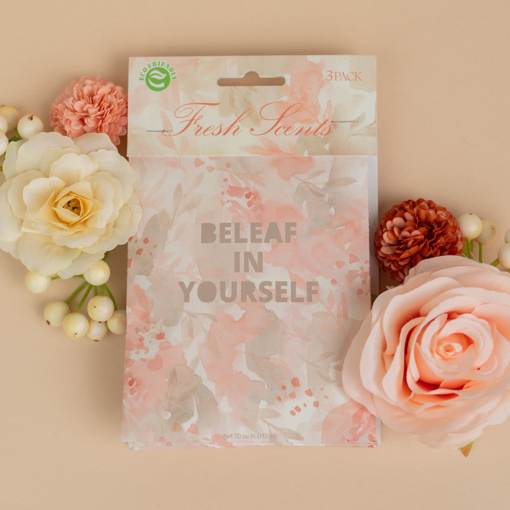 Beleaf in Yourself Scented Sachet Flatlay with flowers